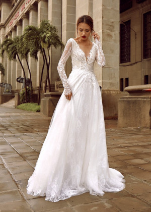 Long Sleeve V Neck Beaded Ivory Eyelash Lace Wedding Dress